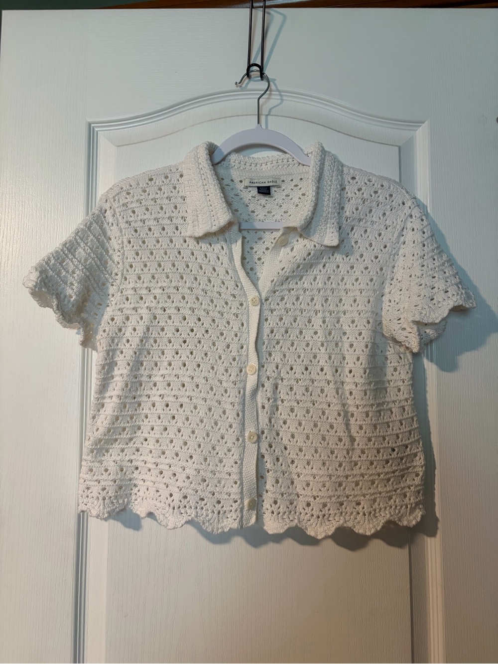 American Eagle Outfitters Crochet Button-Down Short Sleeve Top
